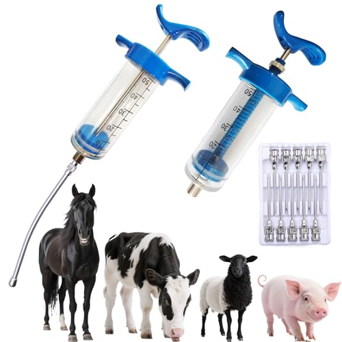 2Pcs 50ML Drencher Medicine Reusable Adjustable Drench Gun Goat Syringe with Drench Gun Nozzle 10 Needles for Cattle Sheep Horse Pig Large Animal Feeding Syringe