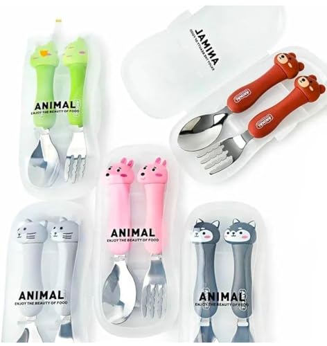 Image of Travel Spoon & Fork Set Children Portable Tableware Toddler Utensils Kids Spoon & Fork Set with Travel Case Pack of 1 - Random Design and Color