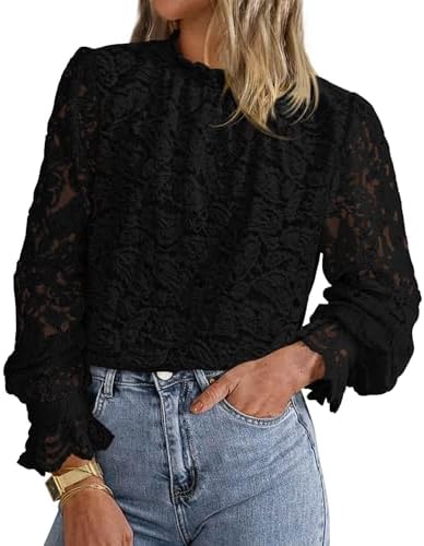 KIRUNDO Blouses for Women Dressy Casual Lace Long Sleeve Tops Mock Neck Ruffle Hem Shirts Fall Fashion Clothes