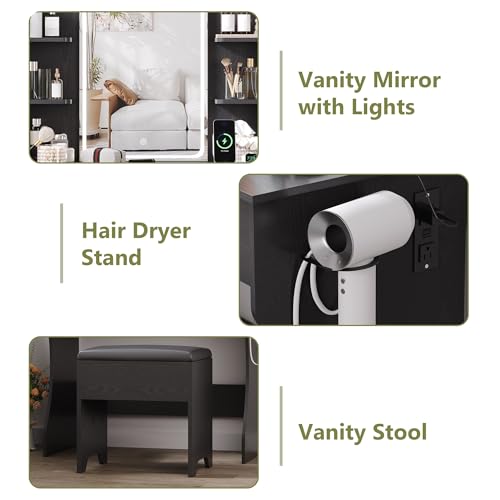 Image of Small Vanity Desk with Mirror and Lights, Makeup Vanity with LED Lights, Black Vanity Mirror with Lighted Desk and Chair, 3 Lighting Adjustable Compact Dressing Table with Mirror for Women, Girls
