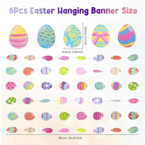AhfuLife 6pcs Multicolor Easter Egg Decorations, Easter Egg Hanging Banner for Kids Party Home School Decor Supplies