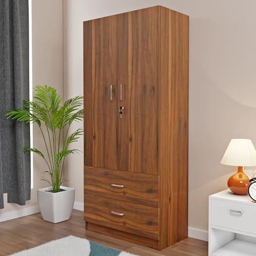 Image of VIKI Wardrobe | Tulum Wardrobe | Wooden Almirah for 2 Door Wardrobe with 2 Drawer & Hanging Space (Brussel Walnut - 40D x 80W x 180.8H) | 1 Year Warranty | Free Assembly