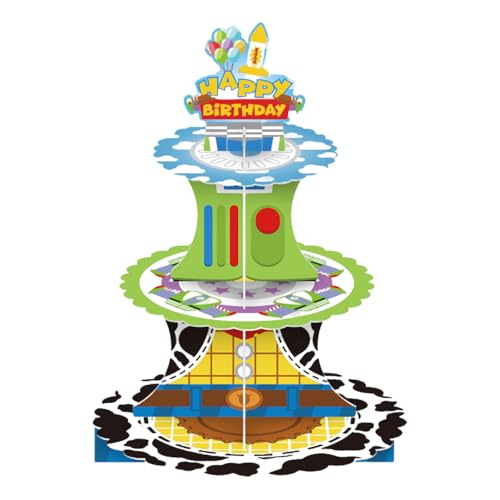 Fuwraixis Decoración de la tarta Cartoon Story, Soporte para cupcakes de Temas de películas de animación, Torre de postres de 3 pisos, para decorativo de fiestas de cumpleaños para niños y adultos