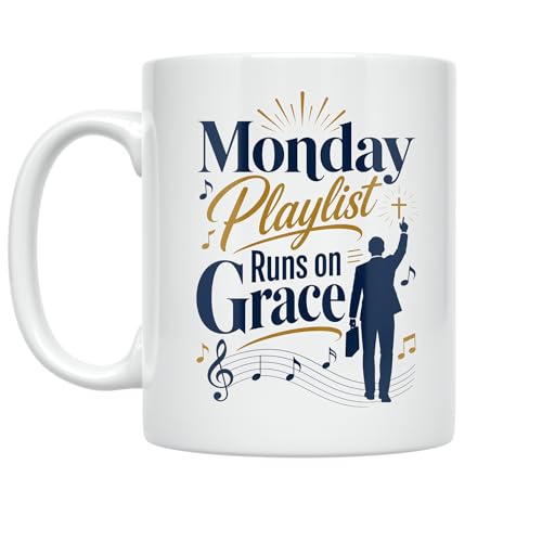 Worship Music Enthusiast Coffee Mug - Monday Playlist Runs on Grace - 11 oz White Ceramic - Inspirational Design