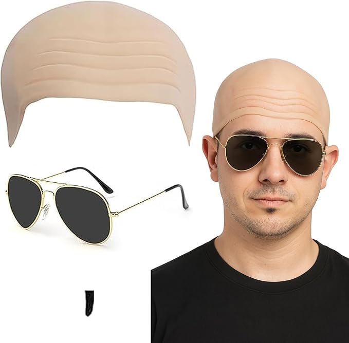 HTGWCG Adults Mr Worldwide Accessory Set, Nude Latex Bald Cap, Black Sunglasses, Black Soul Patch