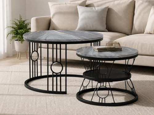 Image of Brown Art SHOPPEE Home Decor Furniture Round Side Coffee Table Sets,2 Piece MDF Top Couch Table,Stacking Nesting Table with Iron Frame for Living Room Living Room or Lounge (Grey & Black)