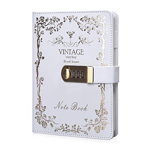 ARRLSDB Digital Password Lock Diary PU Leather Journal with Combination Lock (Diary with Combination Lock) Password Journal Locking Journal Diary (White+Golden)