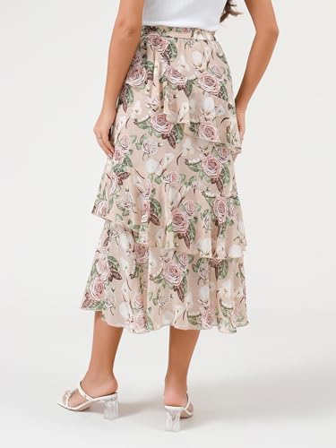 DERAX Women's Fall Summer Boho Floral A Line Midi Skirt High Waist Weekend Trendy Chiffon Ruffle Flowy Dressy Skirts2