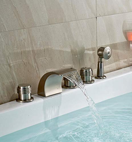 Kitchen Sink Taps Shower & Bath Taps Brushed Nickel Waterfall Tub Faucet Three Handles Mixer Tap with Handshower