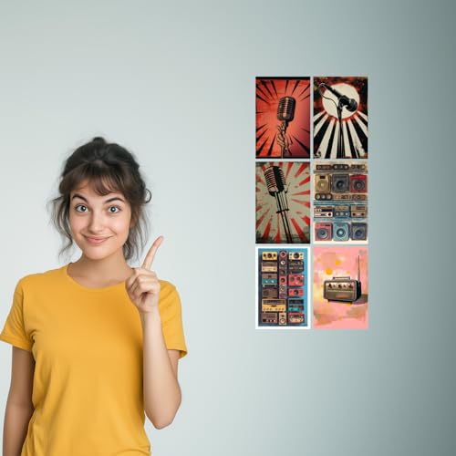 Image of SiddArtify Retro Music Art Print Set - Vintage Microphones and Radios - Set of 2-4x6 Inch - Board (Pack of 6) - Sticker (Pack of 6) Wall Room Decoration art Poster Prints