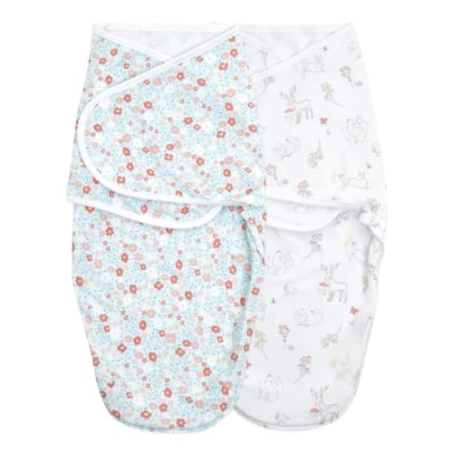Image of aden + anais Essentials Easy Swaddle Wrap Quick Change with Bottom Zipper, Snug Cotton Knit Baby Wrap Swaddle Blanket for Newborns, TOG 1.0, 2 Pack, Fairy Tale Flowers, 0-3 Months, Small/Medium