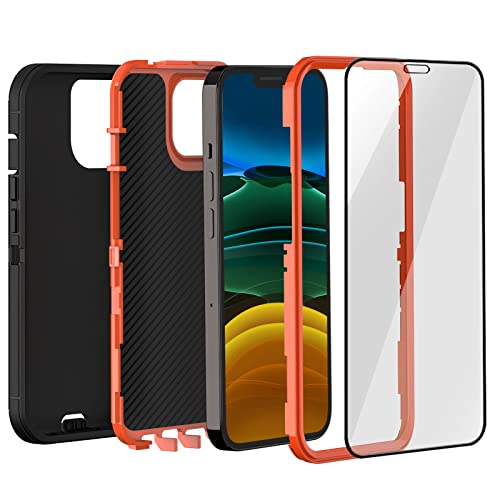 FEIYAR HOME iPhone 11 Pro Max Heavy Duty Case with 2 Tempered Glass Protectors - Military Grade Shockproof, Black Orange
