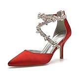 Brautschuhe Damen, 7Cm Kleid Spitze Zehe Stiletto Sandalen Satin Strass Riemen Elegante Und Bequeme Mode Pumps Für Hochzeitsfeier Abendtanz,Rot,36 EU