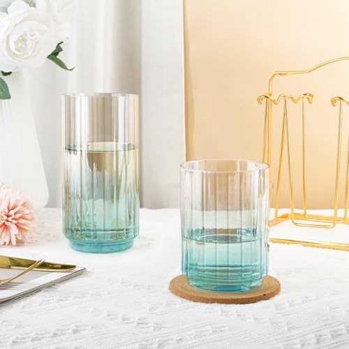 Joeyan Colored Ribbed Drinking Glasses Set of 2, 15oz Gray Turquoise Gradient Glass Tumbler, Vintage Lead-Free Rocks Glass for Whiskey, Cocktail, Juice, Water, Various Mixed Drinks, Kitchen & Bar Use by Joeyan - Used condition - Image 5