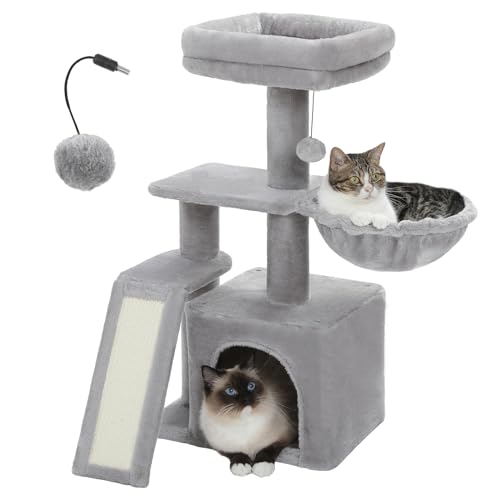 PETEPELA Small Cat Tree for Indoor Cats, 32'' Cute Cat Tower Cat Condo with Sisal Scratching Ramp, Cozy Hammock and Removable Top Bed Perch for Kittens, Grey