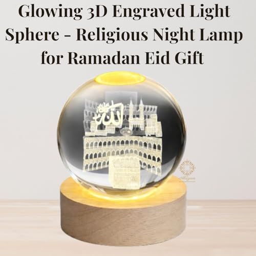 Image of Allah Night Lamp, 3D Crystal Ball with Wooden Base, Illuminate Your Faith with Timeless Elegance Glowing 3D Engraved Crystal Ball Night Lamp