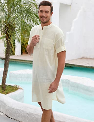 Turetrendy Men's Linen Kaftan Thobe Short Sleeve Robe Gown Casual Longline T Shirts For Beach Beige 2Xl #TOP2