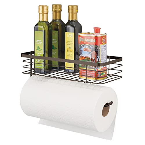 Mdesign Steel Horizontal Wall Mount Paper Towel Holder With Basket Storage Organizer For Kitchen Countertop, Pantry, Cabinet, Cupboard - Holds Spices, Snacks, Drinks - Carson Collection - Bronze #TOP5