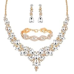 Gold Plated White Crystal Necklace + Bracelet + Earrings Set