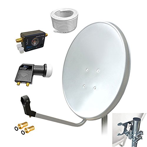 60cm HD Sat Anlage Twin LNB + 10m Koaxialkabel 135dB + Satfinder + 2 F-Stecker Digital 2 Teilnehmer Antenne Weiss UHD 4K