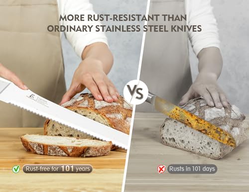 CoquusAid Resharpenable Bread Knife for Homemade Bread, 11.6-Inch Multifunction Serrated Knife with 5 Thickness Adjustable Slicing Guide, Stainless Steel Bread Cutter, Razor Sharp for Sourdough, White
