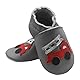 Bemesu Lauflernschuhe Baby Krabbelschuhe Lederpuschen Kinder Hausschuhe aus weichem Leder für Mädchen und Jungen Grau Feuerwehrauto (XL, 18-24 M, EU 23-24)