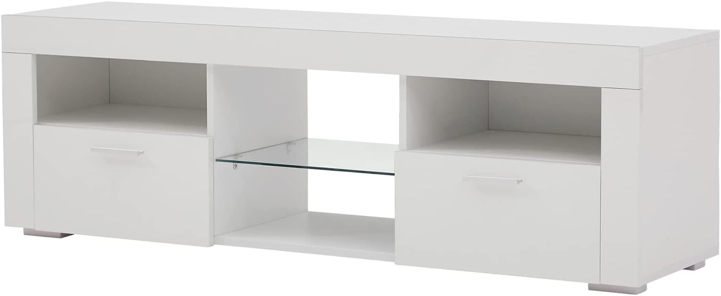 TV Stand with LED Light High Gloss Entertainment Center Modern Media Console Cabinet with Storage Wood TV Console Table for 55 inch TV, White