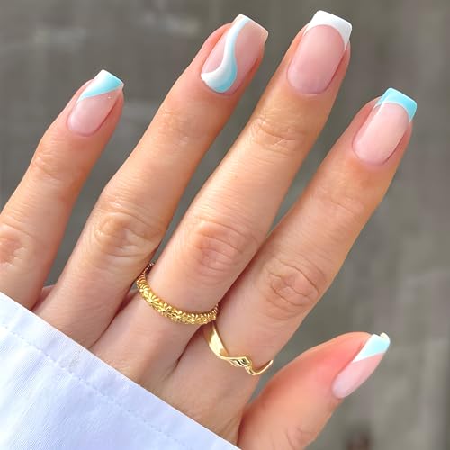 Square French Press en Uñas, Uñas Postizas Cortas Nude, Uñas Azul Onduladas con Pegamento, Uñas Falsas Brillantes de Acrílico de Cobertura Completa para Mujeres miniatura 1