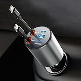 【巻き取り式・USB-C&USB-C】VIKNAN 巻き取り式充電ケーブル 車 充電器 タイプc シガーソケット 4台同時充電可能 車載充電器 カーチャージャー 急速充電 12V/24V対応 iPhone/Android対応 ハイエース ジムニー アクセサリー対応 image