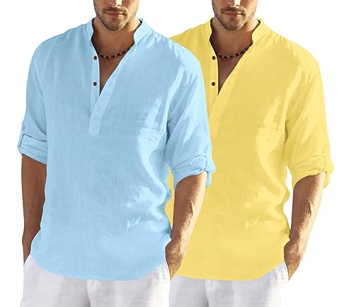 Image of FINIVO FASHION Men's Cotton Blend Solid Full Sleeve Combo Short Kurta Shirt, Regular Fit Solid Pattern Mandarin Collar Straight Kurta Shirt