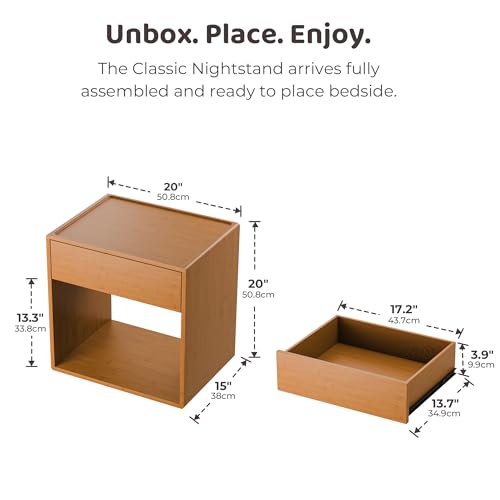 Image of RECCI Solid Bamboo Nightstand, Sustainable Curved Classic Mid-Century Modern Wood Bedside Table with Soft-Close Drawer, Handle-Free Design, Open Shelf Storage, No Assembly Required (Walnut)
