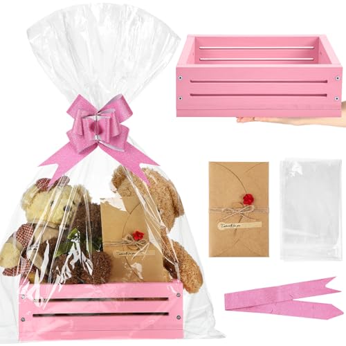 Image of Wonderjune Wooden Baskets for Back to School Gifts Empty Wood Basket with Cellophane Bag Ribbon Greeting Card for Birthday Baby Shower Wedding Housewarming Gifts Packaging(Pink,Small)