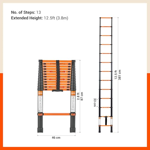 Image of Bathla 12.5 ft Steel Telescopic Ladder | Portable & Compact | Foldable Multipurpose Step Ladder for Home & Outdoor use