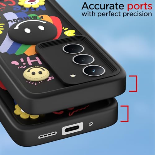 Image of Pikkme Back Cover for Realme Narzo 80x 5G / Realme P3x 5G / Realme 14X 5G | Soft Silicone| Cute Rainbow Smile & 3D Cartoon Flower Design | Shockproof Raised Camera Protection Bumper Case (Black)