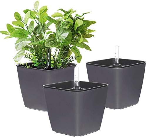 T4U Selbstbewässerungstopf Eckig 13 cm 3er Set mit Wasserstandsanzeige | Grauer Kunststoff, Wasserspeicher, Kräutertopf, Basilikum, Petersilie, Fensterbank, Innenbereich