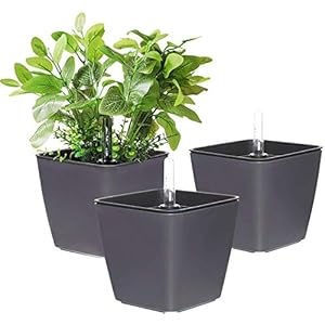 T4U Zelfbewaterende plastic plantenbak met waterniveau-indicator, 13 cm, grijs, moderne en decoratieve bloempot voor kamerplanten, kruiden, aloë, Afrikaanse viooltjes, vetplanten, enz., 3 stuks
