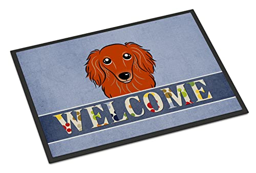 Caroline's Treasures BB1400JMAT Longhair Red Dachshund Welcome Doormat 24x36, Blue Front Door Mat Indoor Outdoor Rugs for Entryway, Non Slip Washable Low Pile, 24H X 36W