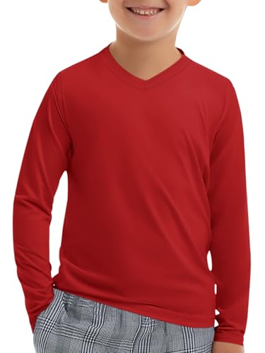 Haloumoning Boys Long Sleeve Shirts Dry Fit Athletic T Shirts for Teens Kids V-Neck Comfy Tops Tees 5-14 Years