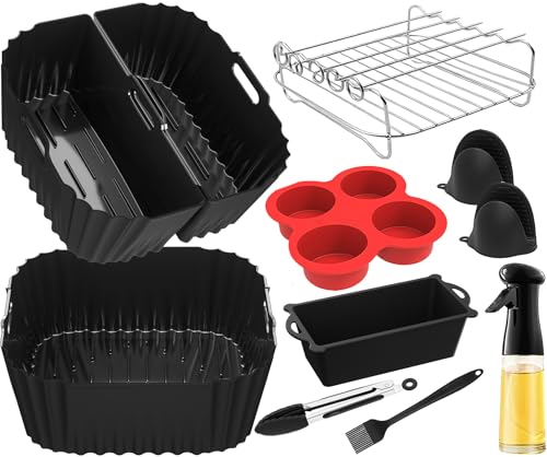 22-24cm Accesorios Freidora de Aire para Cecotec 6L/6,5L/7,6L/8L/8,5L, Russell Hobbs 8L/8,3L, Cosori 6,4 L, Cuadrado Molde Silicona Incluido, Rejilla Multiusos, Pulverizador Aceite Spray