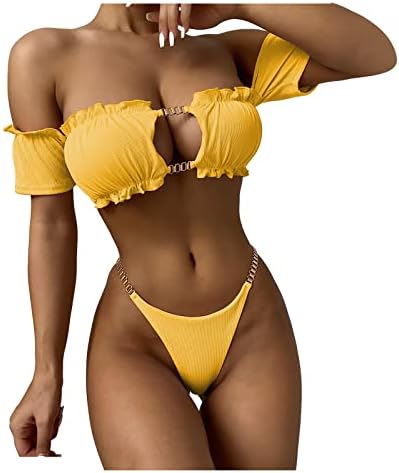 Micro Bikini Extreme Bathing Chain Women's Cut Bikini Ruffle High Metal Swimwear Bikinis Bandeau Set Ribbed (Yellow, S)
