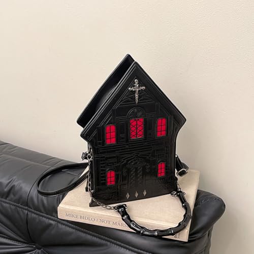 Halloween Gothic Rivet House Shaped Handbag, Bamboo Handle Goth Skull Cross Crossbody Bag Novelty Funny Weird Shoulder Purse3