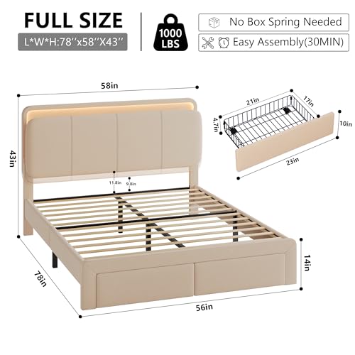 Image of Feonase Full Upholstered Bed Frame with Headboard and 2 Storage Drawers, Built-in Charging Station, Velvet Platform LED Bed with Solid Wood Slat Support, No Box Spring Needed, Beige
