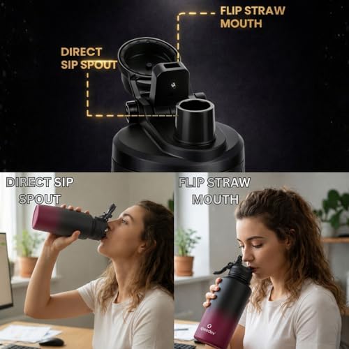 Image of Speedex Vacuum Insulated Stainless Steel Water Bottle 2 Litre (2000ml / 2L / 2 Ltr) with 2-in-1 Lid (Straw & Spout), Hot & Cold Leakproof Thermosteel Travel Flask for Gym & Outdoor (Black-Wine)