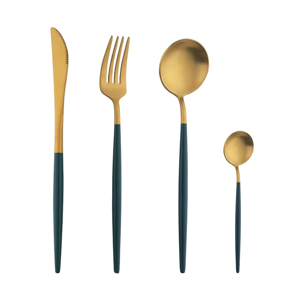 16 Pieces Deep Green Handle Cutlery Sets, Matte Flatware Set Service for 4, Stainless Steel Silverware Set with Knives Forks Spoons, Dishwasher Safe