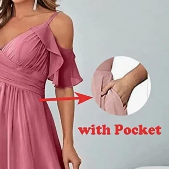 Women's Cold Shoulder Chiffon Bridesmaid Dresses Long with Slit Ruffles Formal Prom Dresses with Pockets HO0503