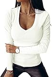 Imily Bela Damen Sexy Langarmshirt V Ausschnitt Slim Fit Gerippt Pullover Basic Oberteile, 2-Weiß, S