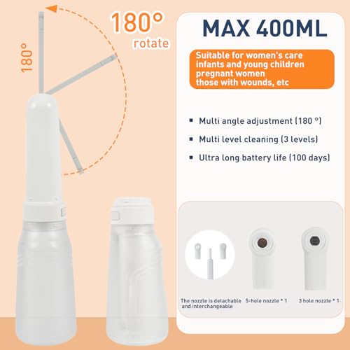 Image of Portable Bidet, Electric Rechargeable Women's Perineal Bottle, 400ml Water Tank, 3 Pressure Modes, with 2 Replaceable Nozzles, Suitable for Men, Women, Babies and Postpartum Cleaning (White)