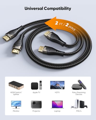 DIOOEER Short HDMI Cable 2FT 2-Pack 10K 8K 4K, HDMI 2.1 Cable 2 Foot 48Gbps - image 6