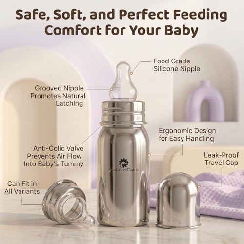 Image of StarAndDaisy Baby Milk Bottle for new Born /Infant /Toddler 150 ML SUS 304 Steel Baby Feeding Bottle for 0+ Months, BPA Free Leakproof Bottle, Anti Colic, Easy to Clean -Silver