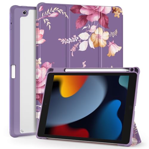 Coque iPad 9e génération fine motif pivoine pour travailler au café